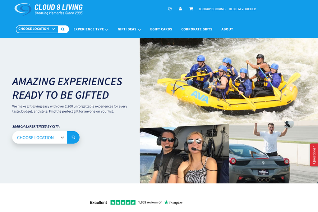 Cloud9 Experiential Gift Company Homepage screenshot